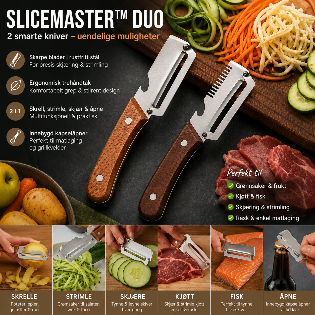 SliceMaster Duo – Multifunksjonelle Skrelle- & Rivkniver (2-pakning)