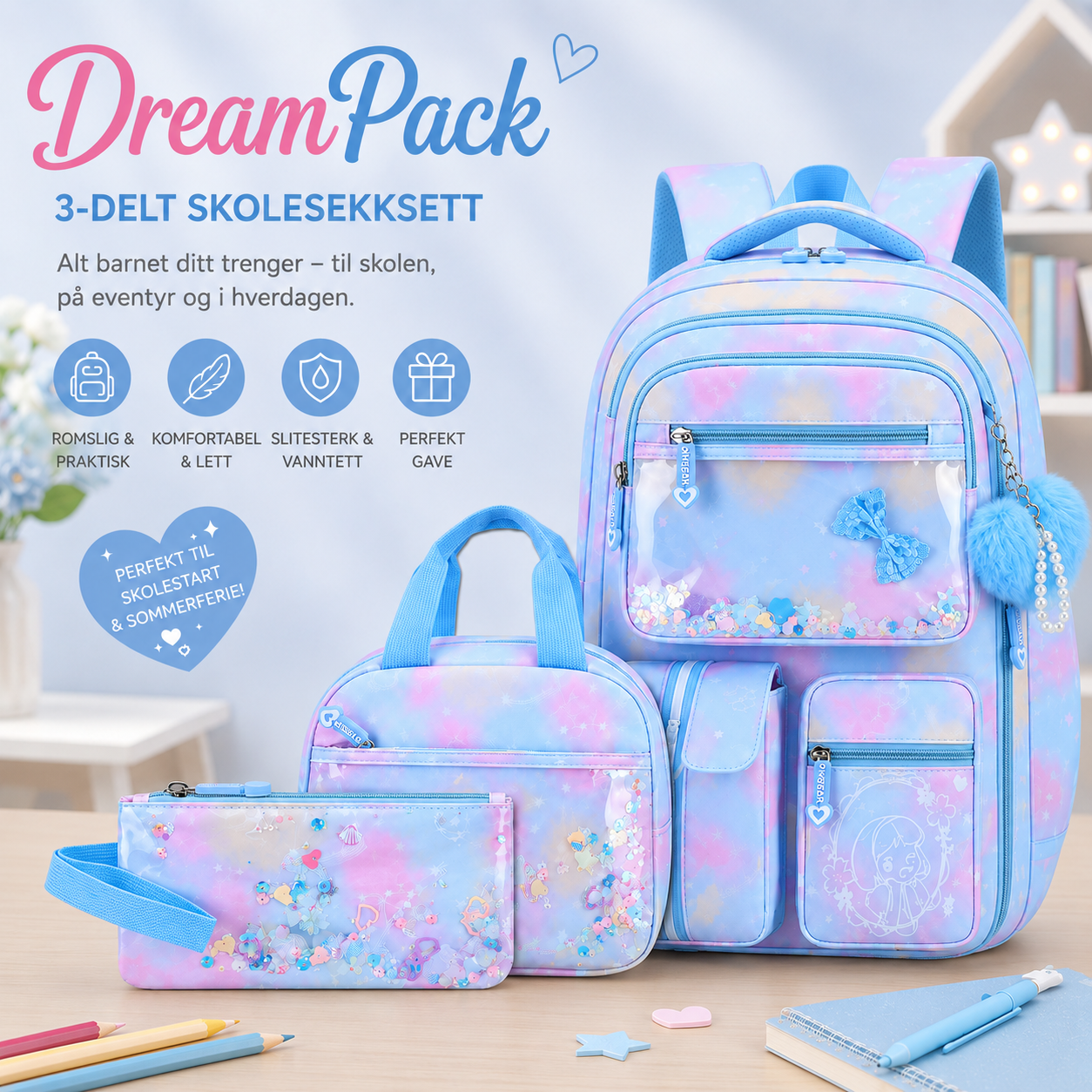 DreamPack – 3-delt Skolesekksett med Glitrende Detaljer - Bilde 8