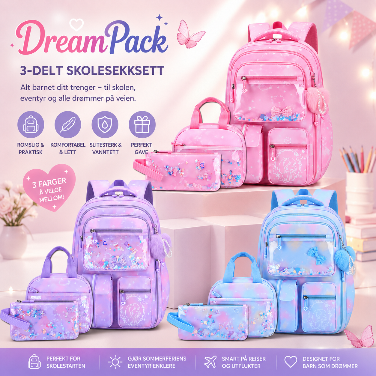 DreamPack – 3-delt Skolesekksett med Glitrende Detaljer