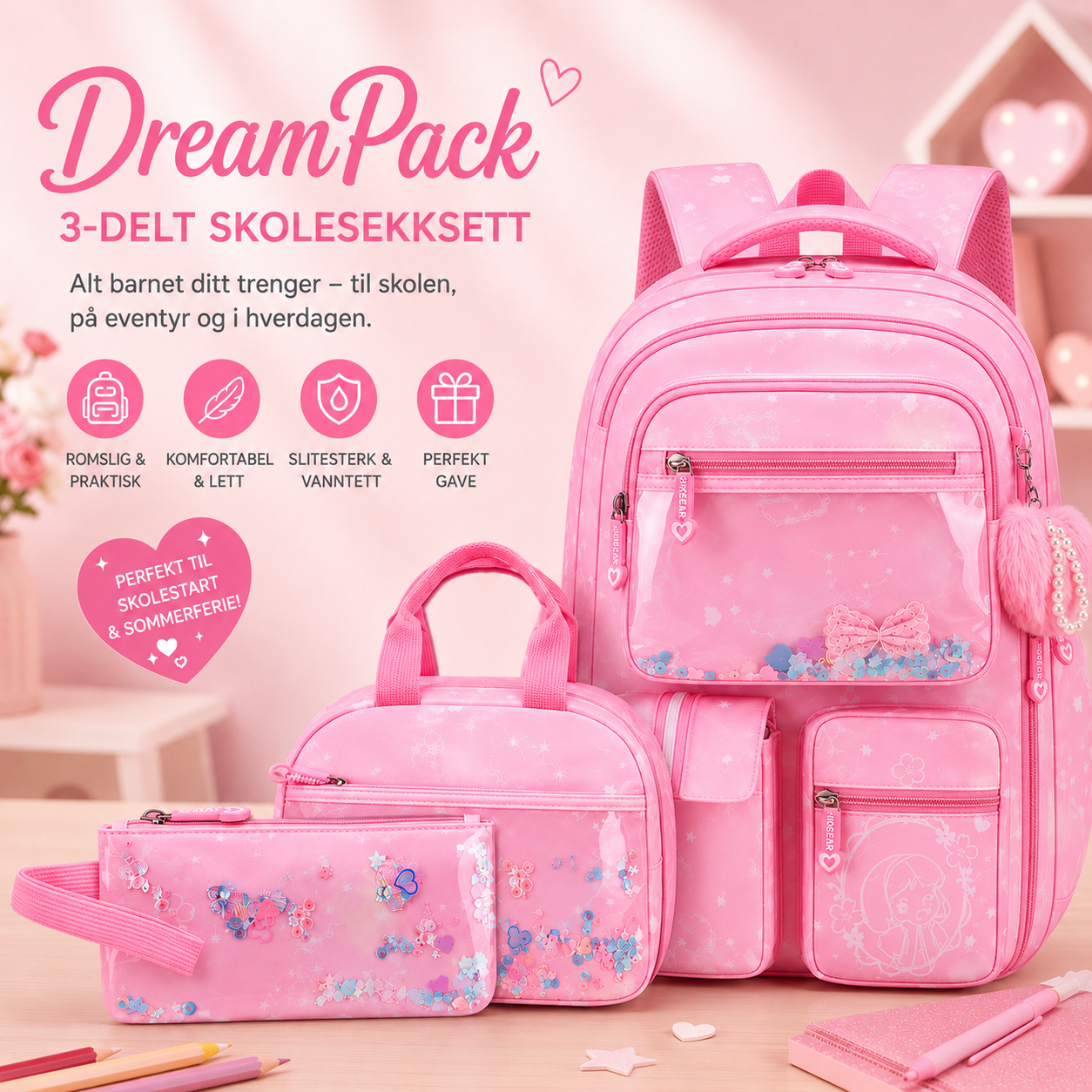 DreamPack – 3-delt Skolesekksett med Glitrende Detaljer - Bilde 7