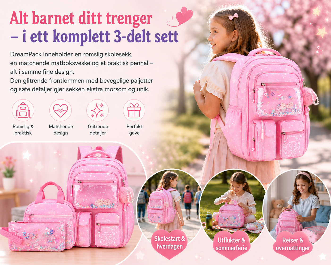 DreamPack – 3-delt Skolesekksett med Glitrende Detaljer - Bilde 3
