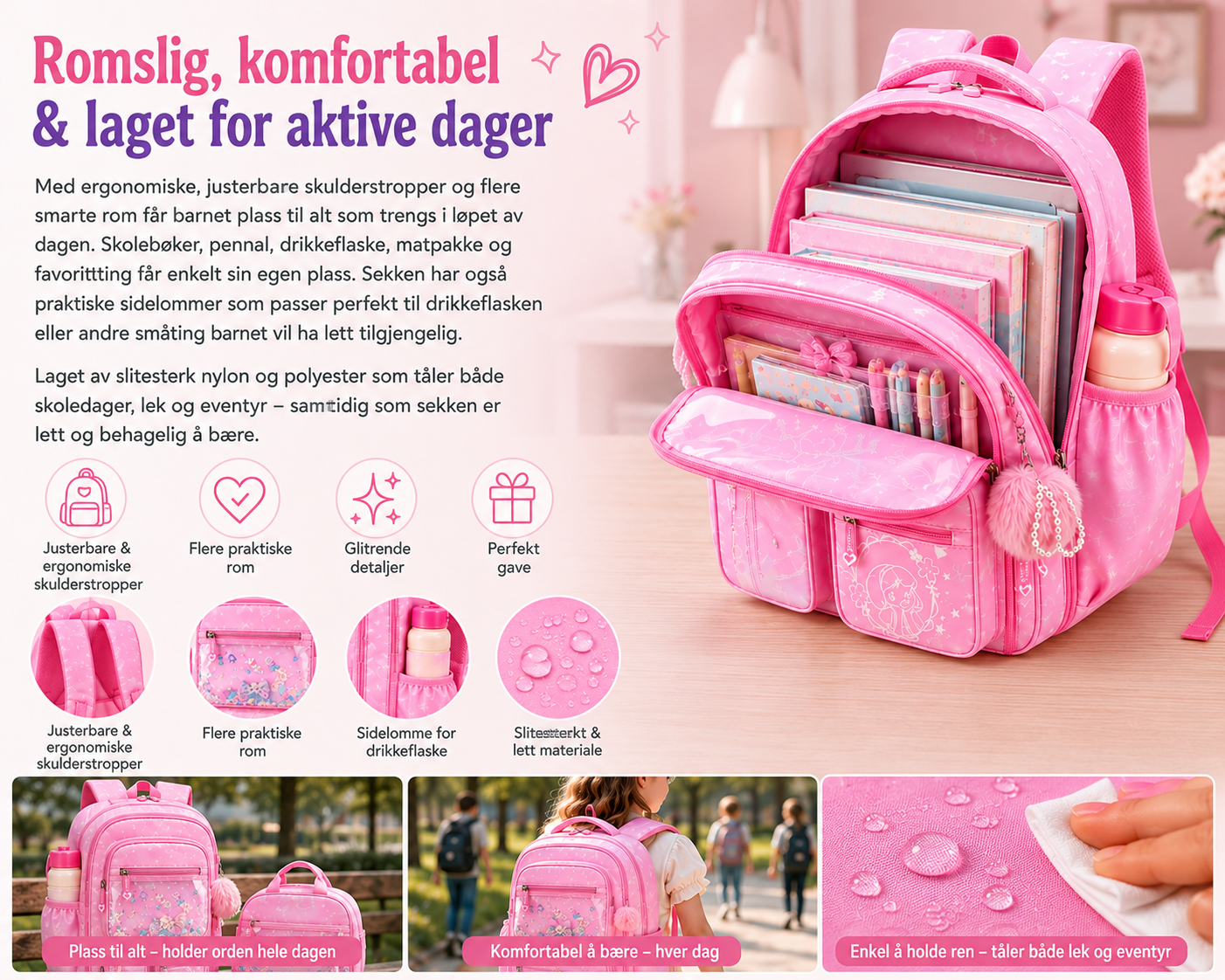 DreamPack – 3-delt Skolesekksett med Glitrende Detaljer - Bilde 4