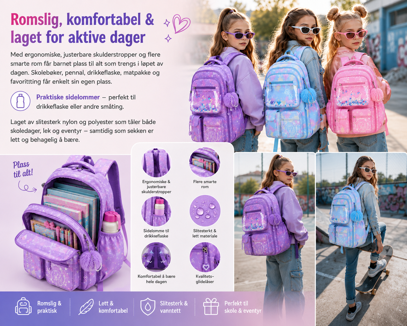 DreamPack – 3-delt Skolesekksett med Glitrende Detaljer - Bilde 5