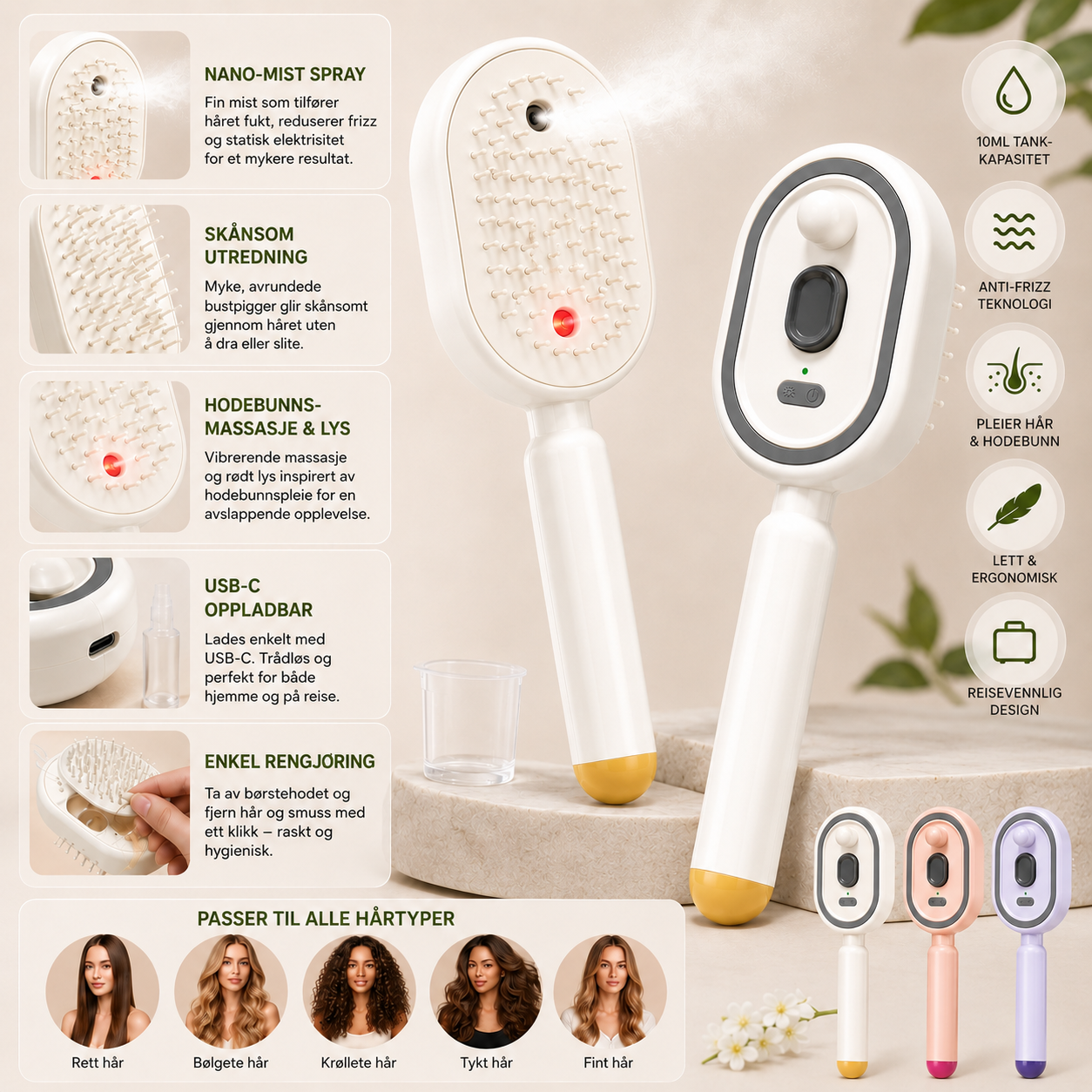 SprayBrush – Elektrisk Spraybørste med Nano-Mist, Hodebunnsmassasje og Anti-Frizz-teknologi for Mykere og Mer Glansfullt Hår - Bilde 4