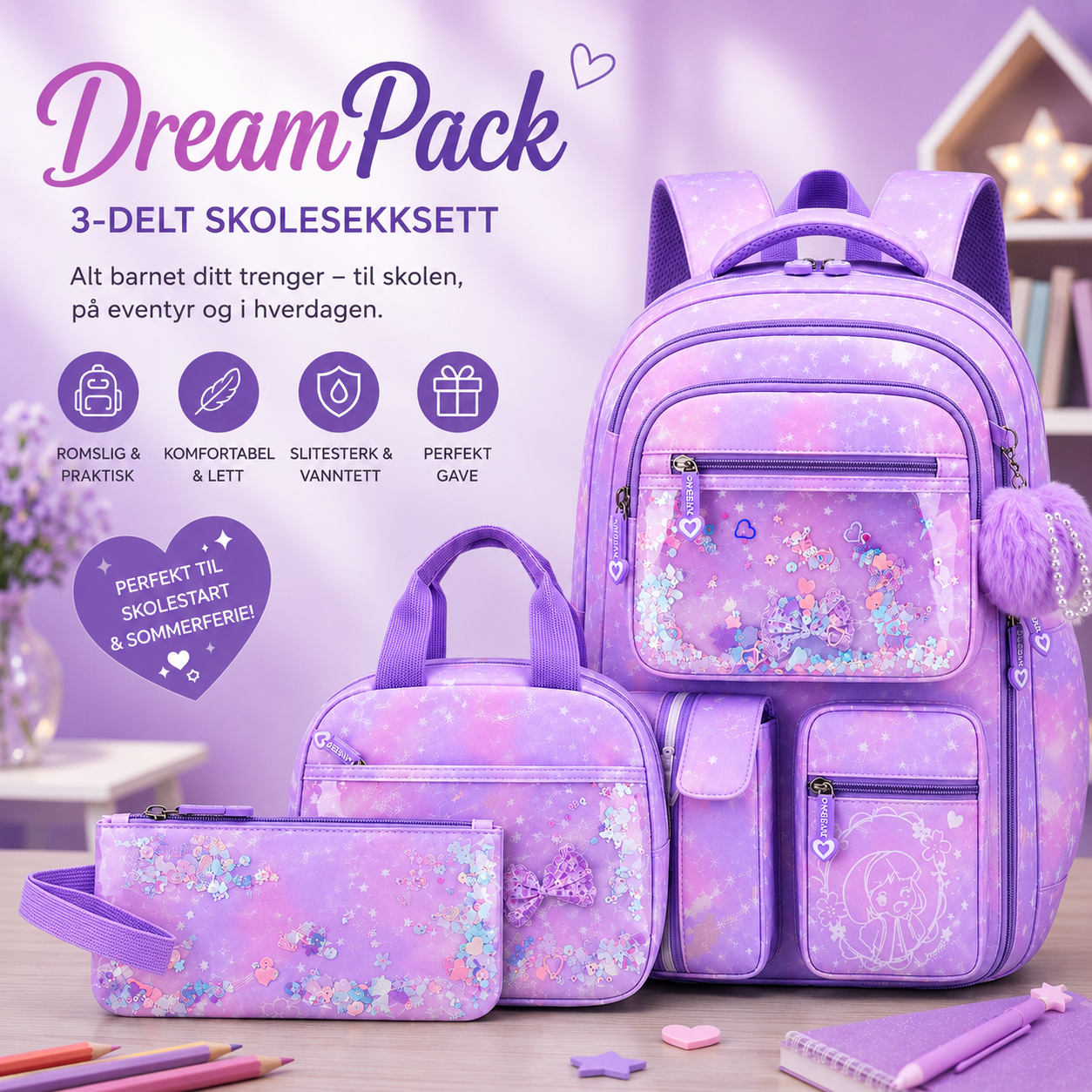 DreamPack – 3-delt Skolesekksett med Glitrende Detaljer - Bilde 6