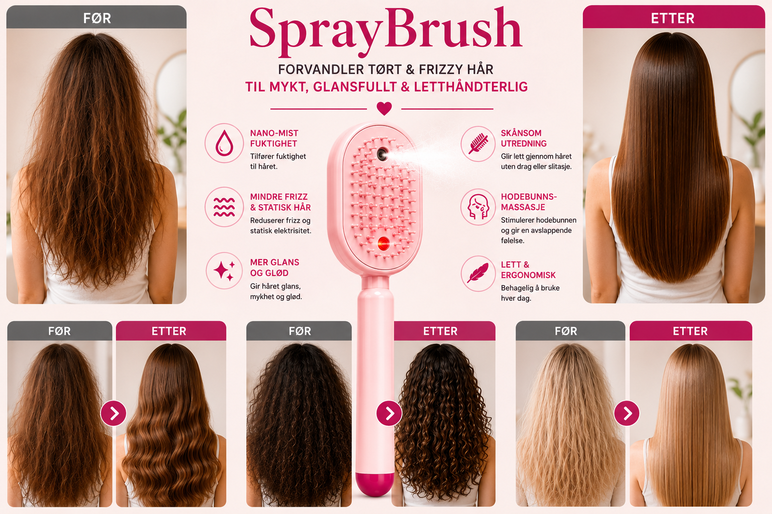 SprayBrush – Elektrisk Spraybørste med Nano-Mist, Hodebunnsmassasje og Anti-Frizz-teknologi for Mykere og Mer Glansfullt Hår - Bilde 5
