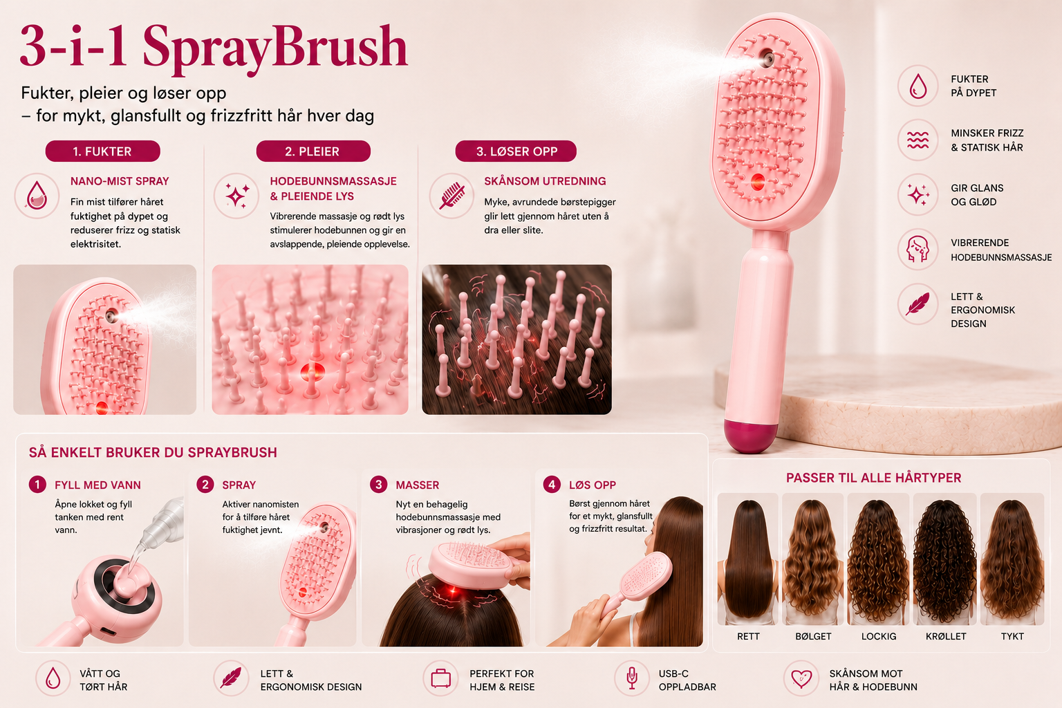 SprayBrush – Elektrisk Spraybørste med Nano-Mist, Hodebunnsmassasje og Anti-Frizz-teknologi for Mykere og Mer Glansfullt Hår - Bilde 6