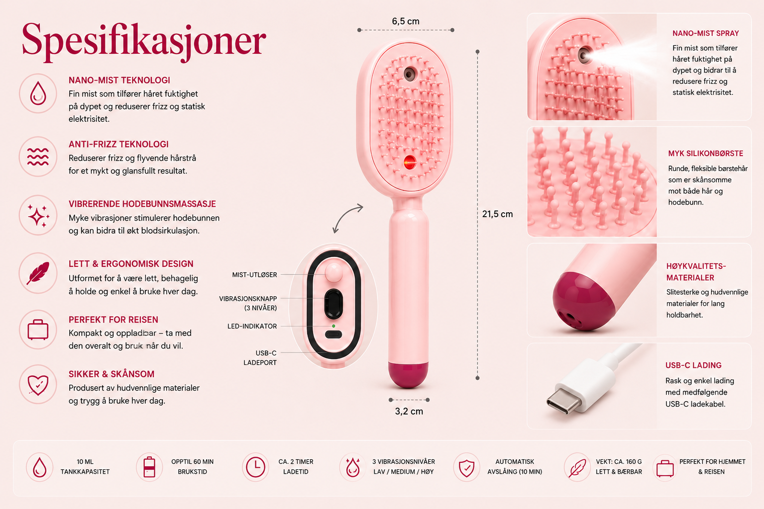 SprayBrush – Elektrisk Spraybørste med Nano-Mist, Hodebunnsmassasje og Anti-Frizz-teknologi for Mykere og Mer Glansfullt Hår - Bilde 8